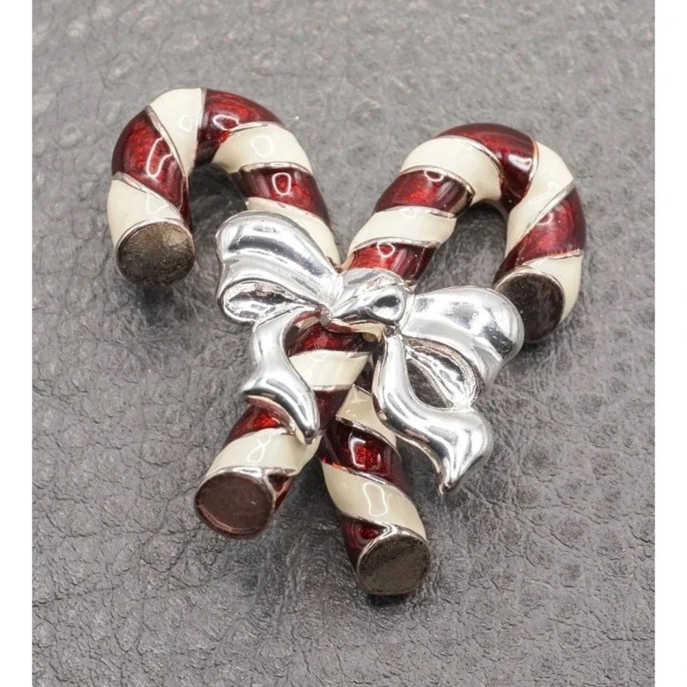 Vintage Napier Christmas Candy Cane Brooch Pin Red White Enamel Silver Tone